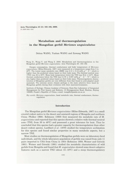 Metabolism and Thermoregulation in the Mongolian Gerbil Meriones Unguiculatus