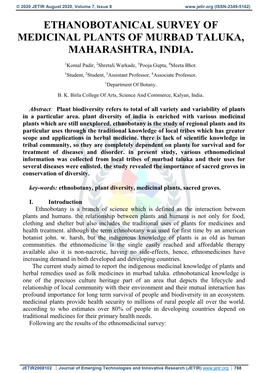 Ethanobotanical Survey of Medicinal Plants of Murbad Taluka, Maharashtra, India