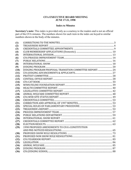 CFA EXECUTIVE BOARD MEETING JUNE 17-21, 1998 Index to Minutes