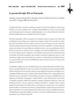 Antología. La Poesía Del Siglo XX En Venezuela, Edición De Rafael Arráiz Lucca, Madrid, Visor, 2005, 323 Págs. ISBN: 84-7522-543-8