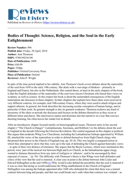 Science, Religion, and the Soul in the Early Enlightenment
