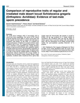 Comparison of Reproductive Traits of Regular and Irradiated Male Desert Locust Schistocerca Gregaria (Orthoptera: Acrididae): Evidence of Last-Male Sperm Precedence