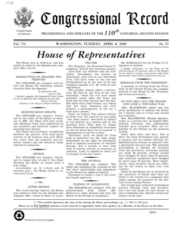 Congressional Record United States Th of America PROCEEDINGS and DEBATES of the 110 CONGRESS, SECOND SESSION