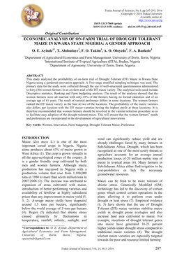 Economic Analysis of On-Farm Trial of Drought Tolerant Maize in Kwara State Nigeria: a Gender Approach