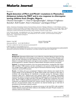 Rapid Detection of Pfcrt and Pfmdr1 Mutations in Plasmodium Falciparum Isolates by FRET and in Vivo Response to Chloroquine Among Children from Osogbo, Nigeria