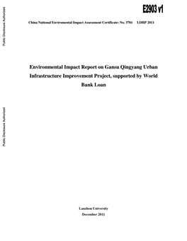 Environmental Impact Report on Gansu Qingyang Urban Infrastructure Improvement Project, Supported by World Bank Loan