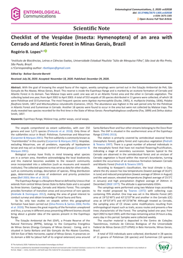 Checklist of the Vespidae (Insecta: Hymenoptera) of an Area with Cerrado and Atlantic Forest in Minas Gerais, Brazil Rogério B