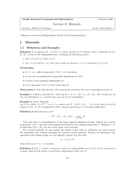 Matroid Definitions