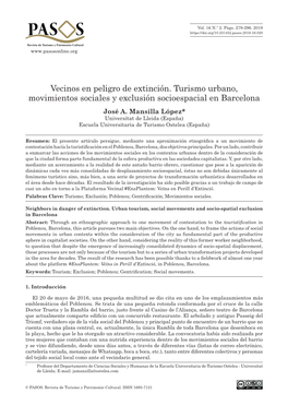 Vecinos En Peligro De Extinción. Turismo Urbano, Movimientos Sociales Y Exclusión Socioespacial En Barcelona José A