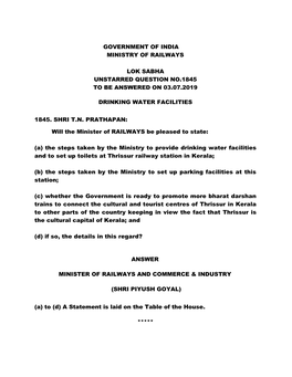 Government of India Ministry of Railways Lok Sabha Unstarred Question No.1845 to Be Answered on 03.07.2019 Drinking Water Facili