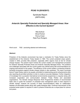 PCAS 19 (2016/2017) Syndicate Report (ANTA 604) Antarctic Specially Protected and Specially Managed Areas: How Effective Is