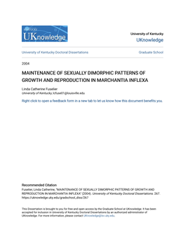 Maintenance of Sexually Dimorphic Patterns of Growth and Reproduction in Marchantia Inflexa