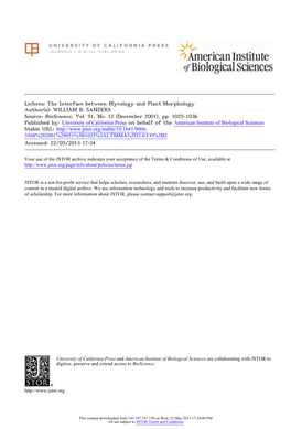 Lichens: the Interface Between Mycology and Plant Morphology Author(S): WILLIAM B