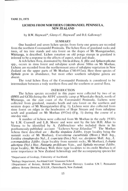 LICHENS from NORTHERN COROMANDEL PENINSULA, NEW ZEALAND by B.W. Hayward*, Glenys C. Haywarcf and D.J. Galloway T SUMMARY One