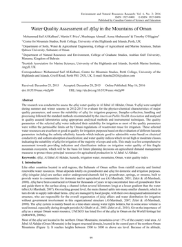 Water Quality Assessment of Aflaj in the Mountains of Oman