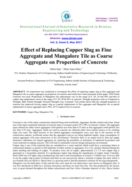 Effect of Replacing Copper Slag As Fine Aggregate and Mangalore Tile As Coarse Aggregate on Properties of Concrete