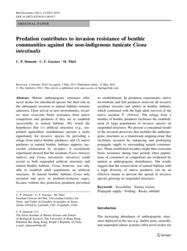 Predation Contributes to Invasion Resistance of Benthic Communities Against the Non-Indigenous Tunicate Ciona Intestinalis