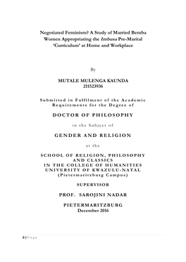 A Study of Married Bemba Women Appropriating the Imbusa Pre-Marital ‘Curriculum’ at Home and Workplace