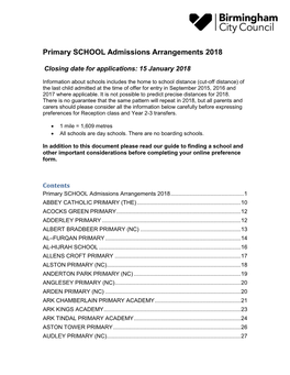 Primary SCHOOL Admissions Arrangements 2018