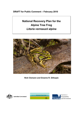 National Recovery Plan for the Alpine Tree Frog Litoria Verreauxii Alpina