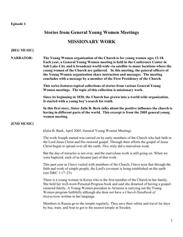 Stories from General Young Women Meetings MISSIONARY WORK