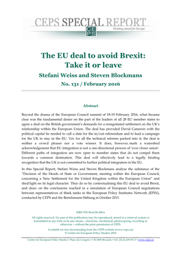 The EU Deal to Avoid Brexit: Take It Or Leave Stefani Weiss and Steven Blockmans No
