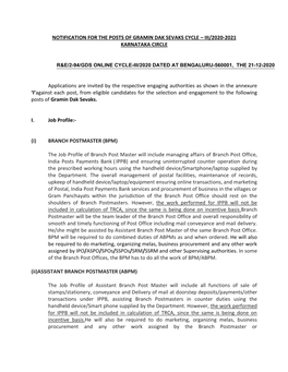 NOTIFICATION for the POSTS of GRAMIN DAK SEVAKS CYCLE – III/2020-2021 KARNATAKA CIRCLE Applications Are Invited by the Respect