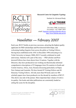 Annual Newsletter of the Research Centre for Linguistic Typology 2007