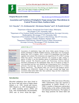 Association and Variation of Endophytic Fungi Among Some Macrolichens in Central Western Ghats, Southern India