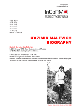 KAZIMIR MALEVICH BIOGRAPHY Kazimir Severinovich Malevich B