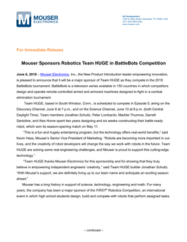 Mouser Sponsors Robotics Team HUGE in Battlebots Competition