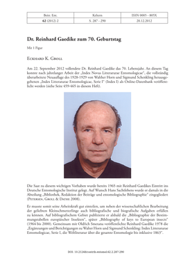 Dr. Reinhard Gaedike Zum 70. Geburtstag