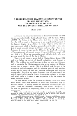 A Proto-Political Peasant Movement in the Spanish Philippines: and the Tayabas Rebellion of 1841 *