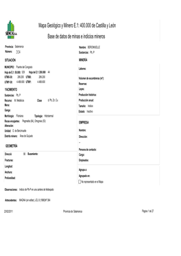 Mapa Geológico Y Minero E.1: 400.000 De Castilla Y León Base De Datos De Minas E Indicios Mineros