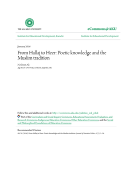 From Hallaj to Heer: Poetic Knowledge and the Muslim Tradition Nosheen Ali Aga Khan University, Nosheen.Ali@Aku.Edu