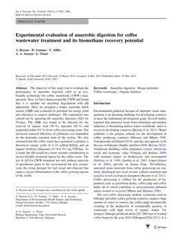 Experimental Evaluation of Anaerobic Digestion for Coffee Wastewater Treatment and Its Biomethane Recovery Potential