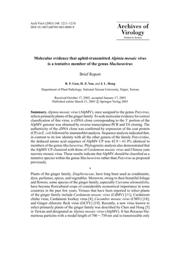 Molecular Evidence That Aphid-Transmitted Alpinia Mosaic Virus Is a Tentative Member of the Genus Macluravirus