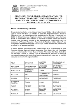 Ordenanza Fiscal Reguladora De La Tasa Por Recogida Y Tratamiento De Residuos Sólidos Urbanos Del Consorcio Del Sector Ii De La Provincia De Almería