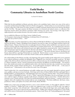 Useful Books: Community Libraries in Antebellum North Carolina