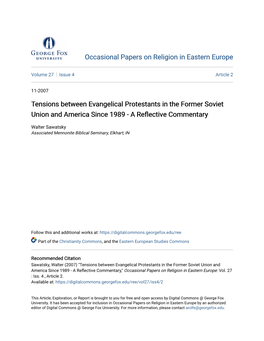 Tensions Between Evangelical Protestants in the Former Soviet Union and America Since 1989 - a Reflective Commentary