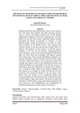 The Role of Traditional Rulers in the Establishment of Colonial Rule in Africa: the Cases of Old Calabar, Lagos and Lokoja in Nigeria