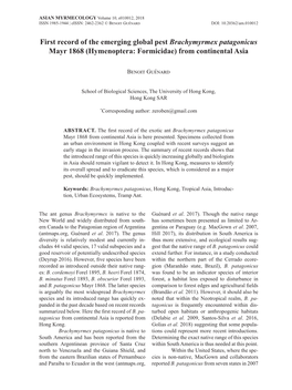 First Record of the Emerging Global Pest Brachymyrmex Patagonicus Mayr 1868 (Hymenoptera: Formicidae) from Continental Asia