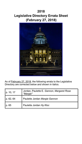 Legislative Directory Errata Sheet (February 27, 2018)
