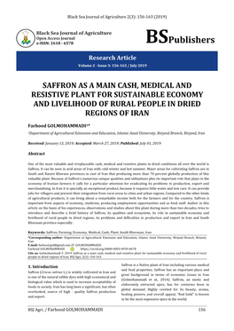 Saffron As a Main Cash, Medical and Resistive Plant for Sustainable Economy and Livelihood of Rural People in Dried Regions of Iran