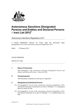 Autonomous Sanctions (Designated Persons and Entities and Declared Persons – Iran) List 20121