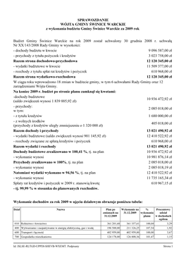 SPRAWOZDANIE WÓJTA GMINY ŚWINICE WARCKIE Z Wykonania Budżetu Gminy Świnice Warckie Za 2009 Rok