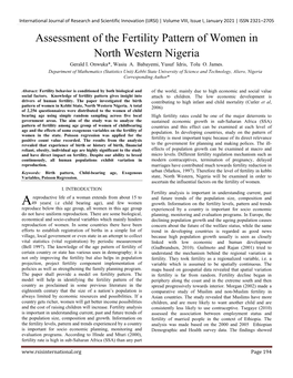 Assessment of the Fertility Pattern of Women in North Western Nigeria Gerald I