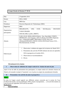 Compte Rendu De Réunion N° 09/18 Date 27Septembre 2018 Horaire