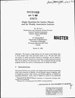 Single Identities for Lattice Theory and for Weakly Associative Lattices 1