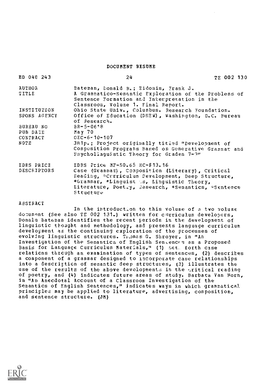 A Grammatico-Semantic Exploration of the Problems of Sentence Formation and Interpretation in the Classroom, Volume 1